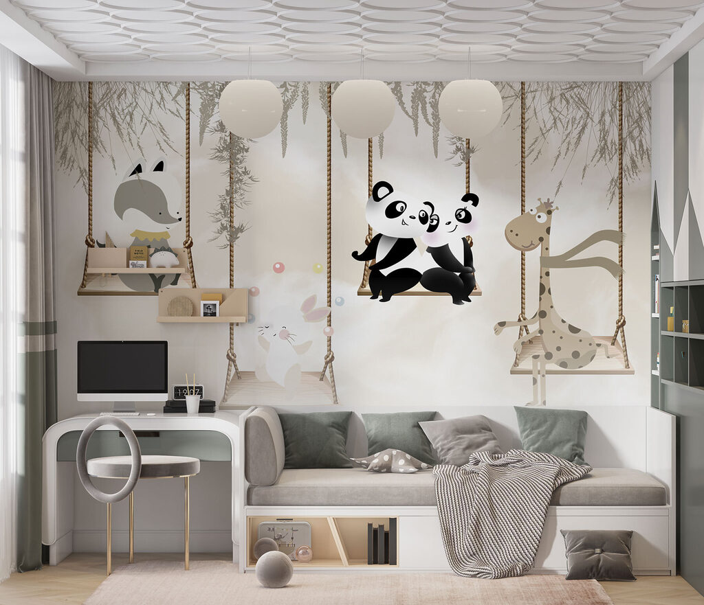 A group of animals on swings