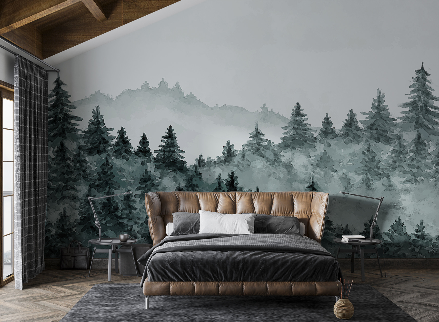 A foggy forest with trees