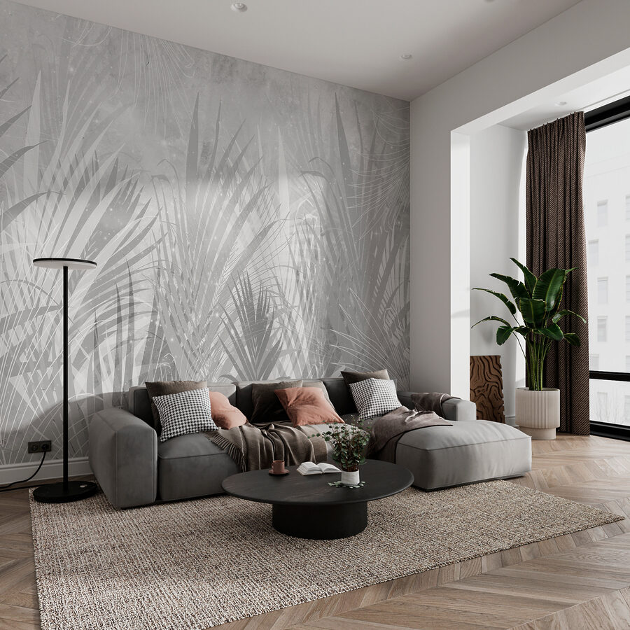 Um fundo cinzento e branco com plantas