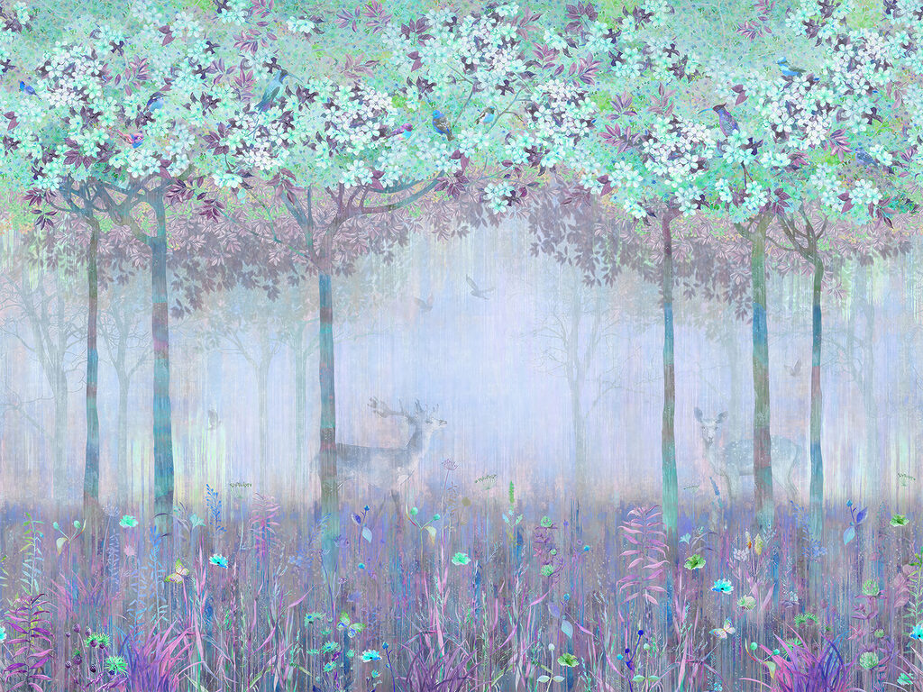 Uma pintura de uma floresta com árvores e flores Uma pintura de uma floresta com árvores e flores