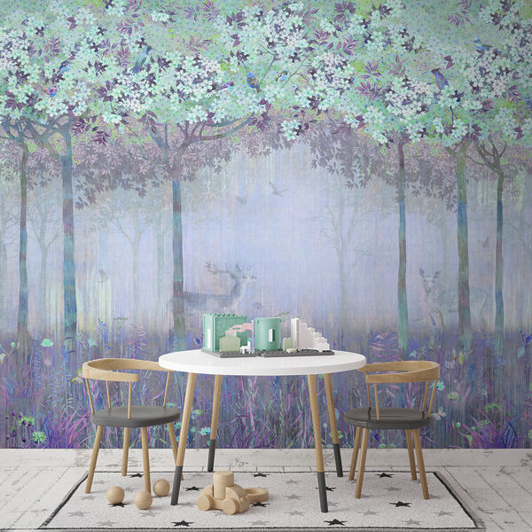 Uma pintura de uma floresta com árvores e flores Uma pintura de uma floresta com árvores e flores