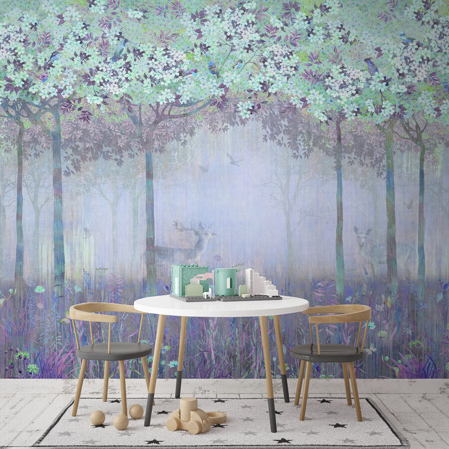 Uma pintura de uma floresta com árvores e flores