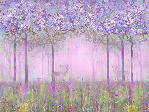 Uma pintura de uma floresta com flores Uma pintura de uma floresta com flores