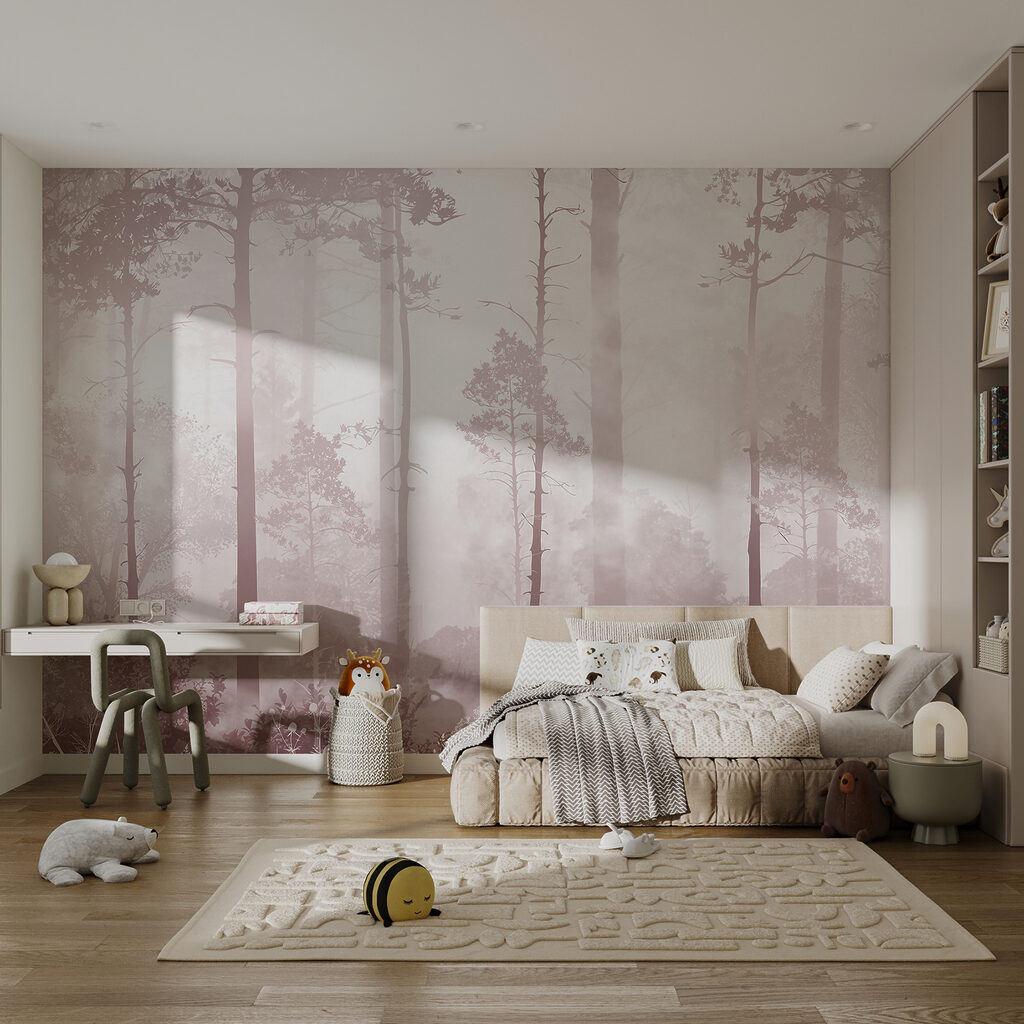 A foggy forest with tall trees