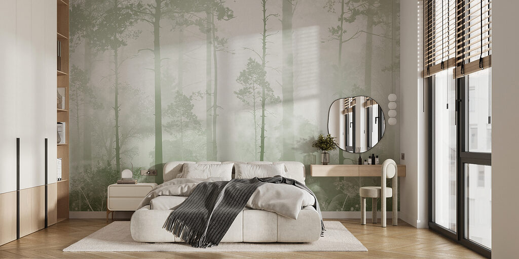 A foggy forest with tall trees A foggy forest with tall trees