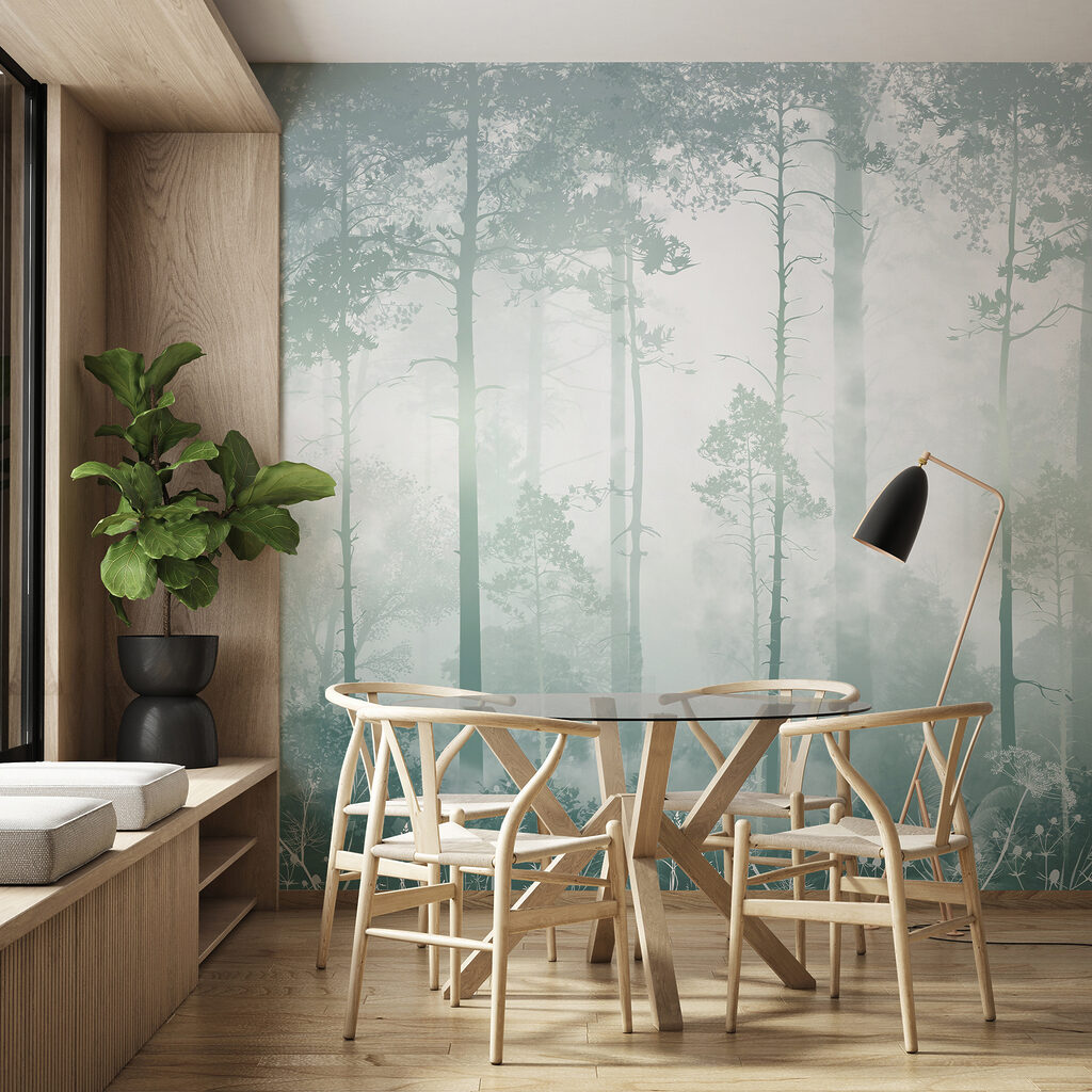 A foggy forest with tall trees A foggy forest with tall trees