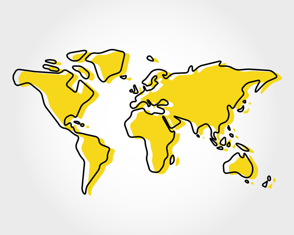 Um contorno amarelo e preto de um mapa-mundo Um contorno amarelo e preto de um mapa-mundo