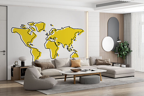 Um contorno amarelo e preto de um mapa-mundo Um contorno amarelo e preto de um mapa-mundo