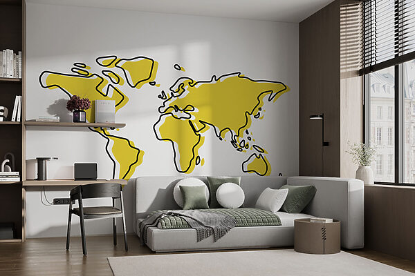 Um contorno amarelo e preto de um mapa-mundo Um contorno amarelo e preto de um mapa-mundo
