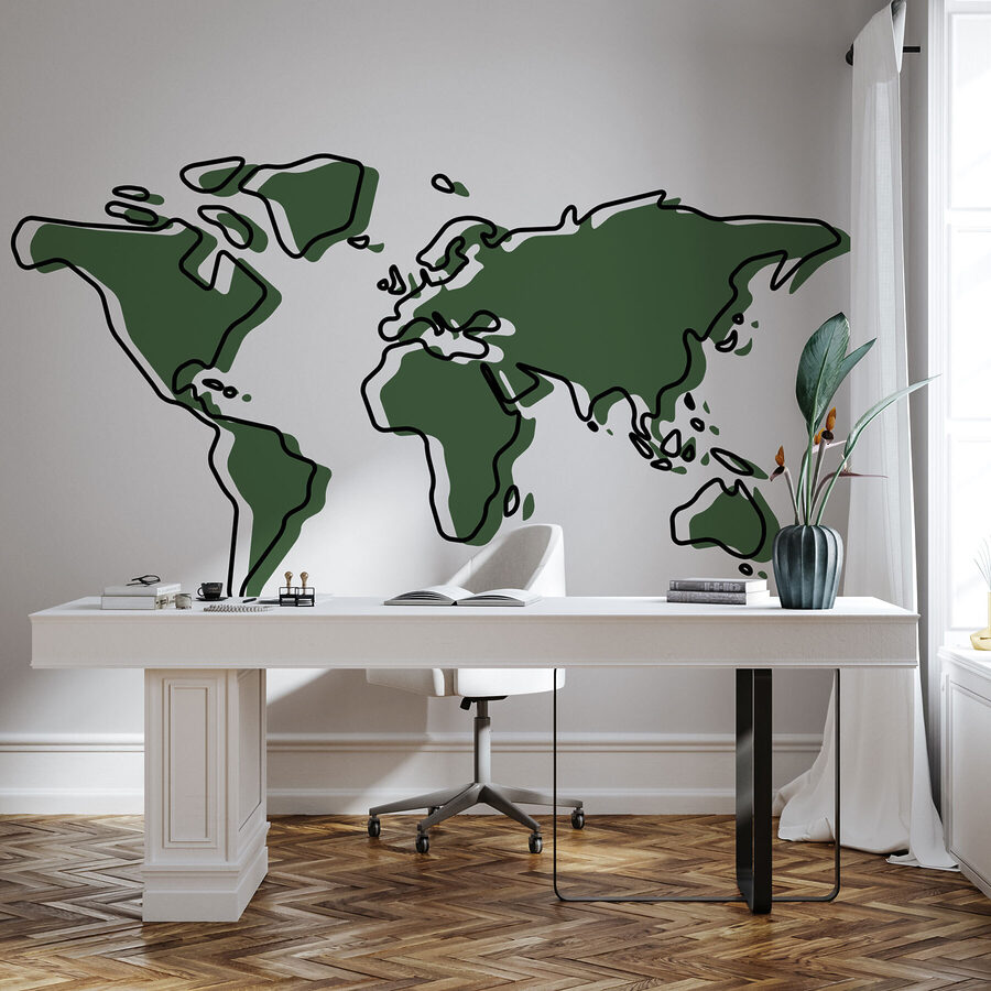 Um contorno verde e preto de um mapa-mundo