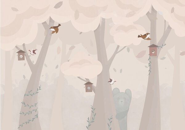 Um desenho animado de um urso e pássaros numa floresta Um desenho animado de um urso e pássaros numa floresta