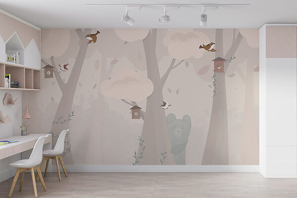 Papel de parede Papel de parede Um desenho animado de um urso e pássaros numa floresta (REF: u99222)