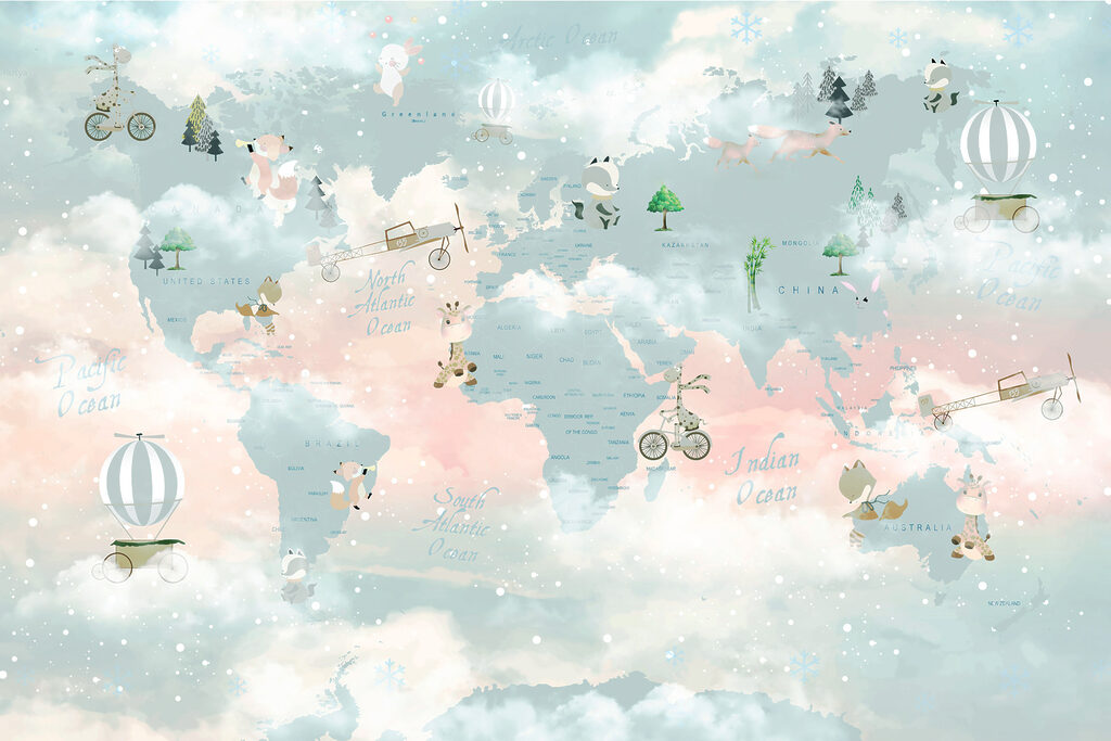 Um mapa do mundo com nuvens e animais Um mapa do mundo com nuvens e animais