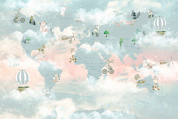 Um mapa do mundo com nuvens e animais Um mapa do mundo com nuvens e animais
