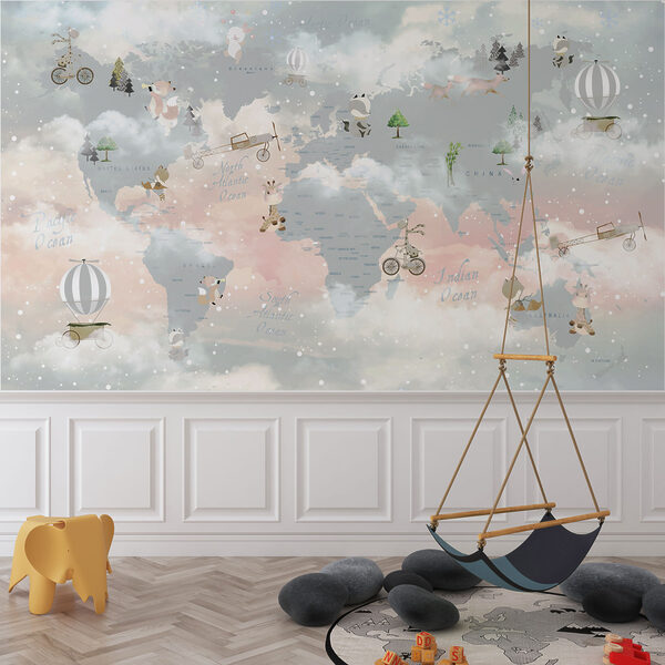 Um mapa do mundo com nuvens e animais Um mapa do mundo com nuvens e animais