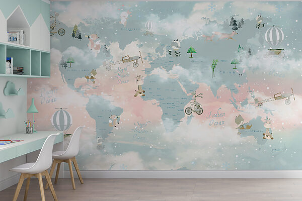 Um mapa do mundo com nuvens e animais Um mapa do mundo com nuvens e animais