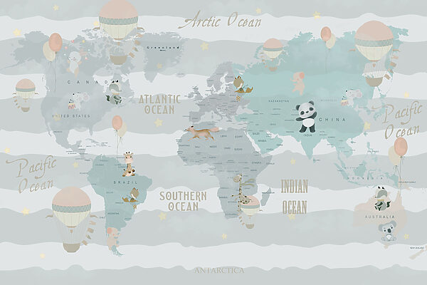 Um mapa do mundo com animais e balões Um mapa do mundo com animais e balões