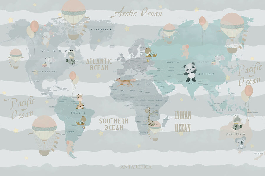 Um mapa do mundo com animais e balões
