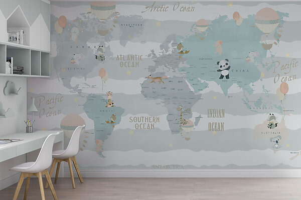 Um mapa do mundo com animais e balões Um mapa do mundo com animais e balões