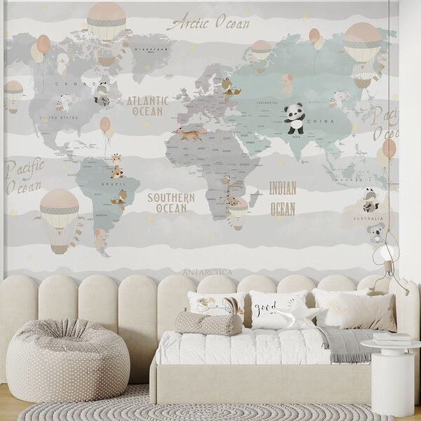 Um mapa do mundo com animais e balões Um mapa do mundo com animais e balões