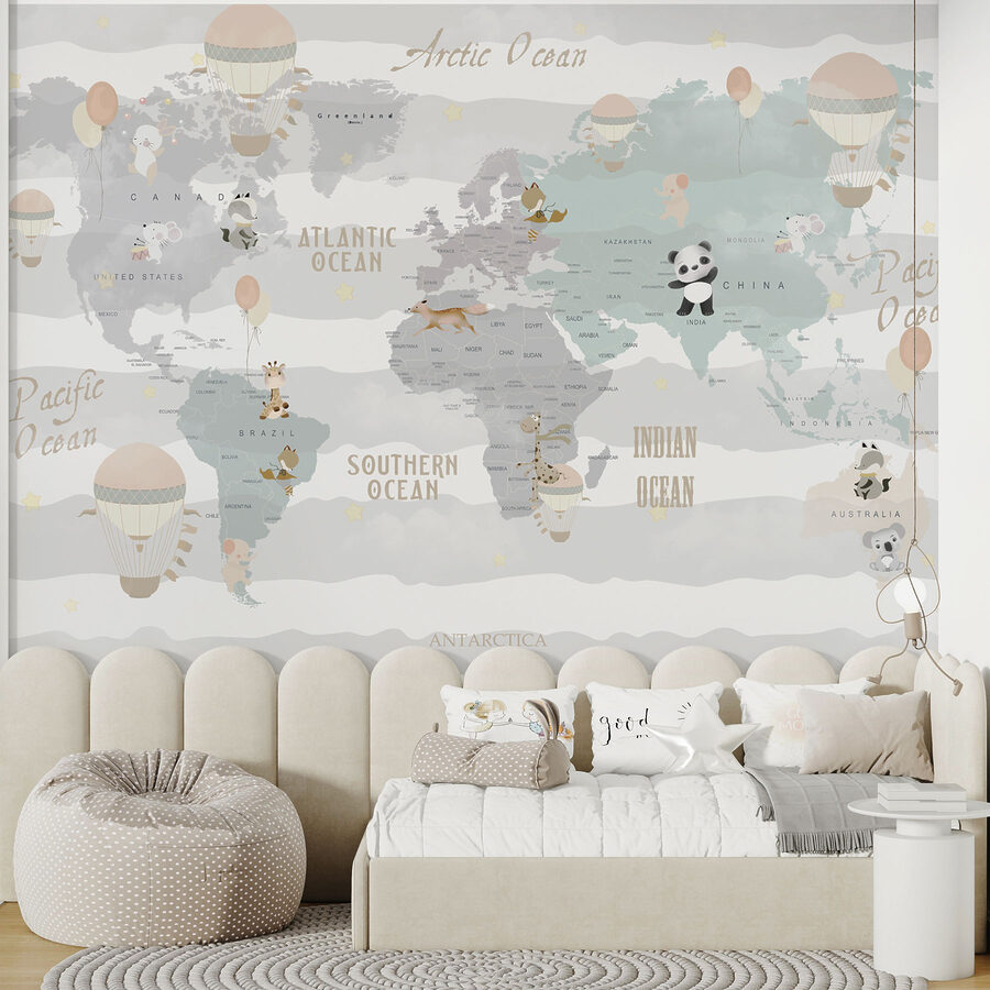 Um mapa do mundo com animais e balões