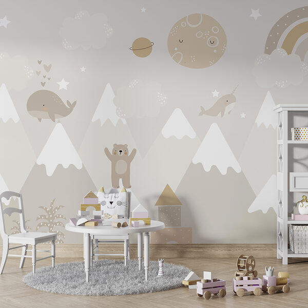 A wall mural of a cartoon landscape A wall mural of a cartoon landscape