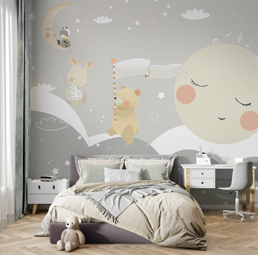 Um desenho animado de uma lua e um urso