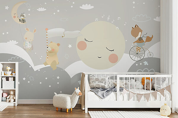 Um desenho animado de uma lua e um urso Um desenho animado de uma lua e um urso