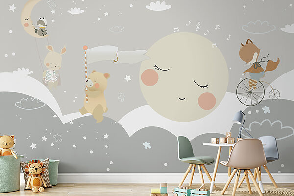 Um desenho animado de uma lua e um urso Um desenho animado de uma lua e um urso