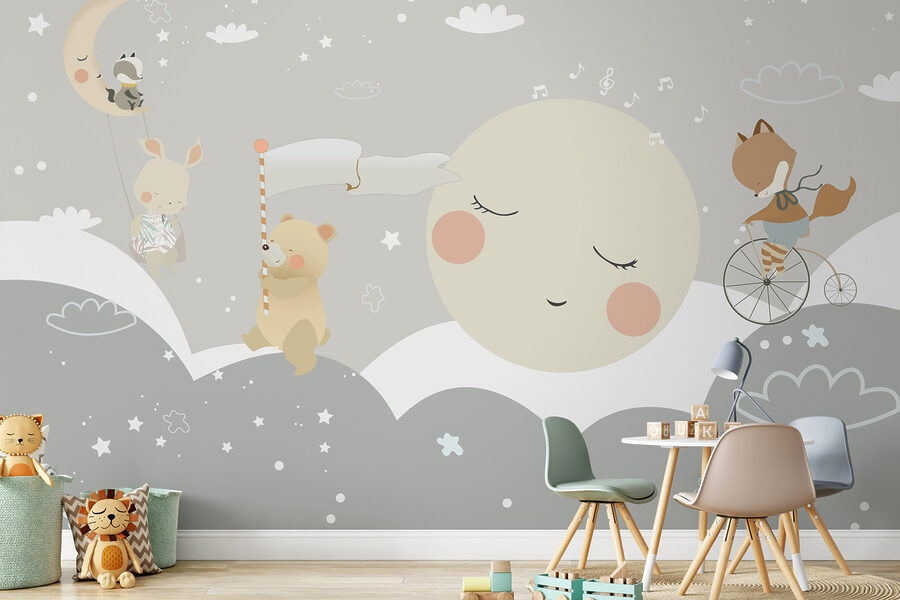 Um desenho animado de uma lua e um urso