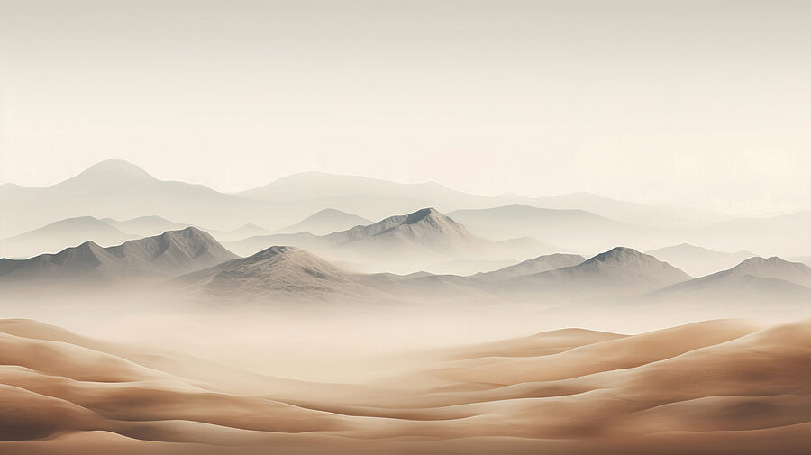 Uma paisagem desértica com colinas e nevoeiro