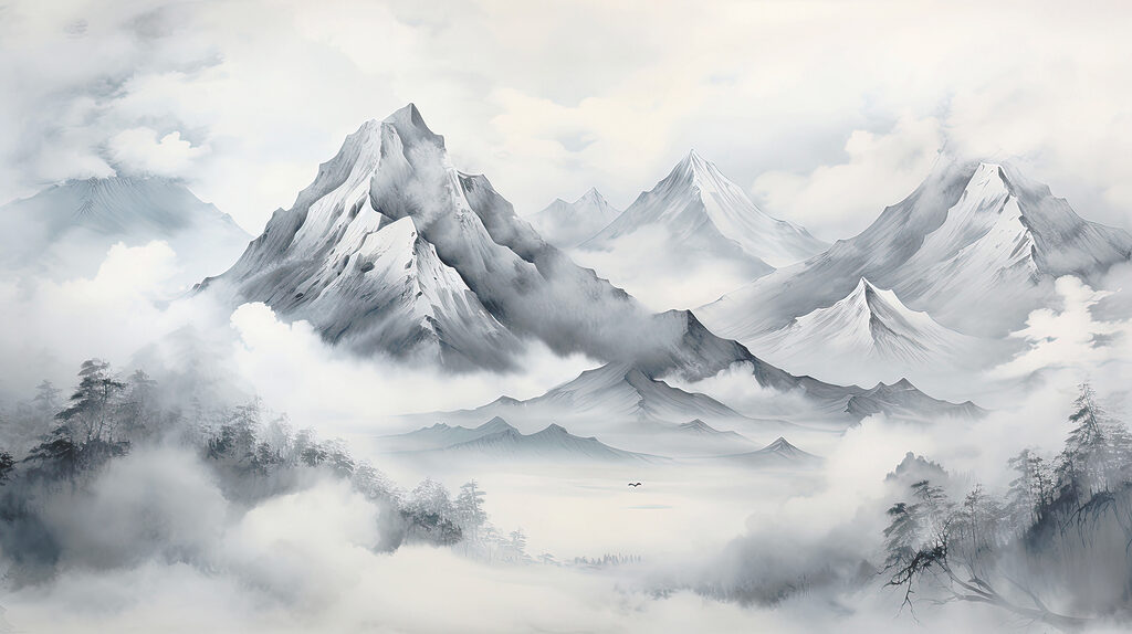 Uma paisagem de montanhas e nuvens Uma paisagem de montanhas e nuvens