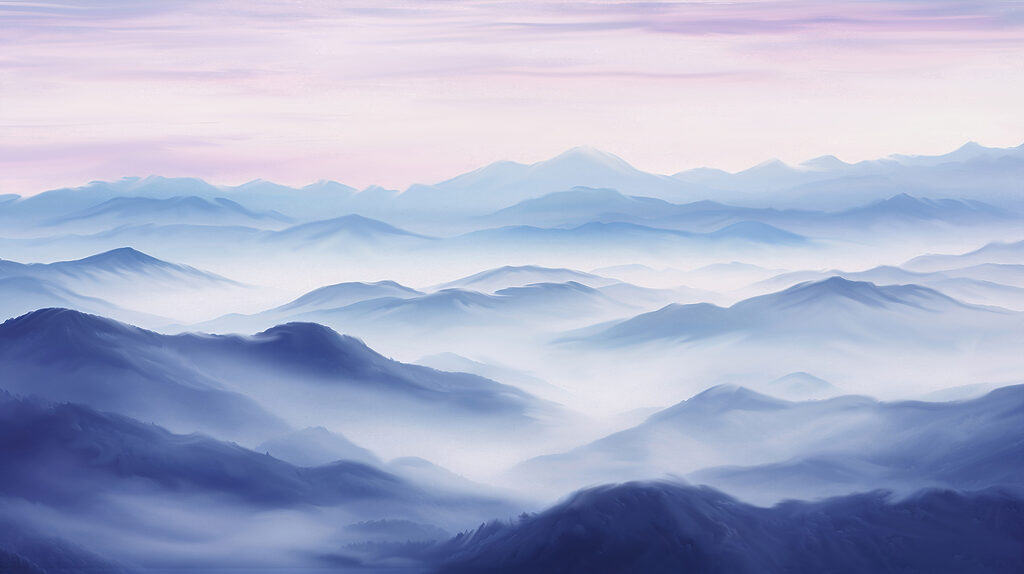 Uma paisagem de montanhas com nevoeiro Uma paisagem de montanhas com nevoeiro