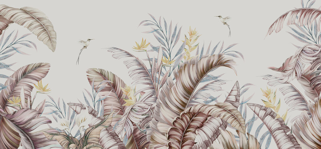 Uma pintura de plantas tropicais e aves Uma pintura de plantas tropicais e aves