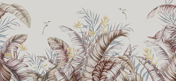 Uma pintura de plantas tropicais e aves Uma pintura de plantas tropicais e aves