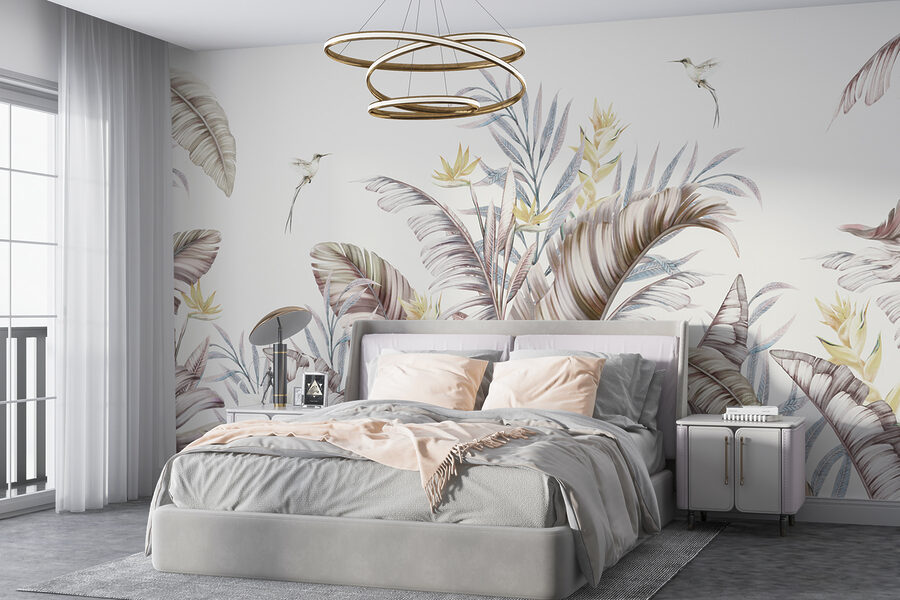 Uma pintura de plantas tropicais e aves