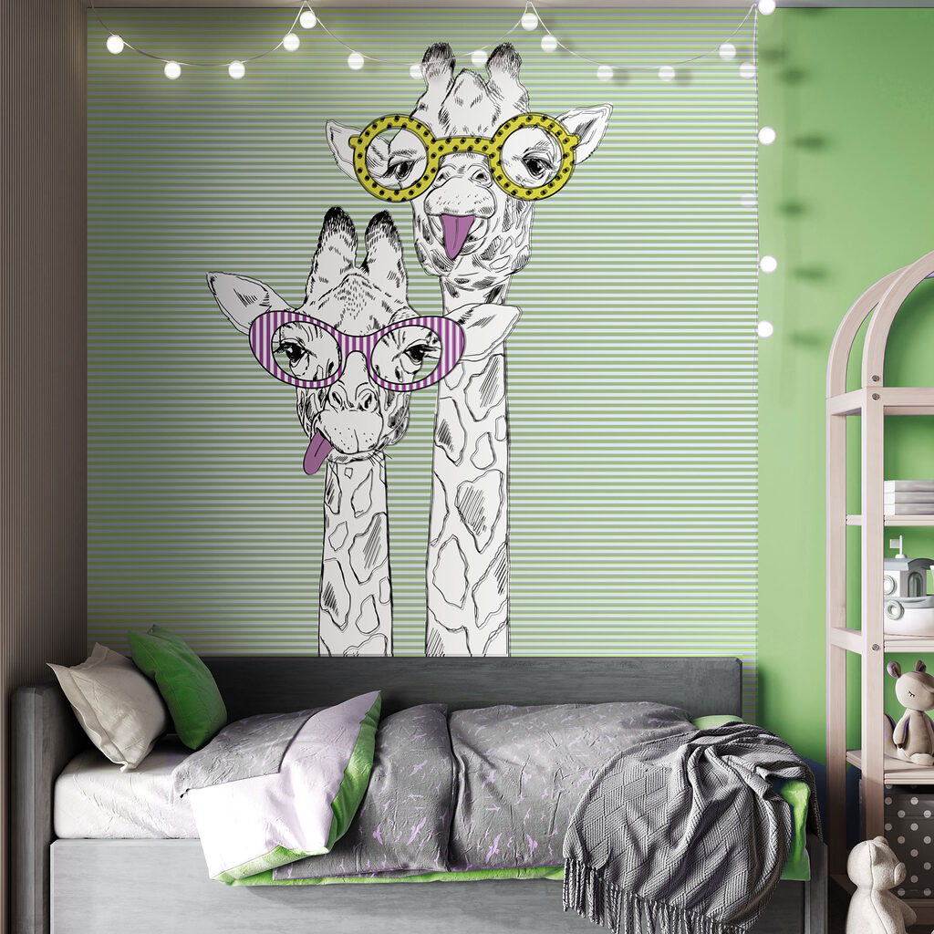 A couple of giraffes wearing glasses
