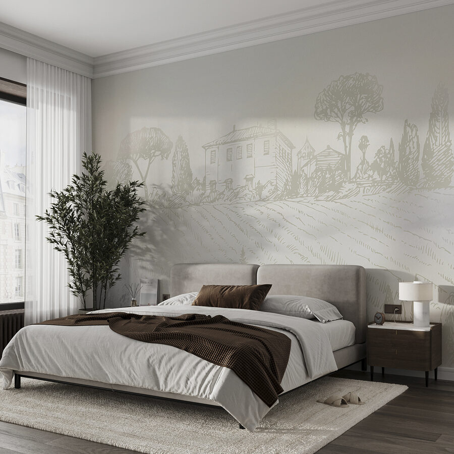 Papel de parede Um desenho de uma casa e de árvores