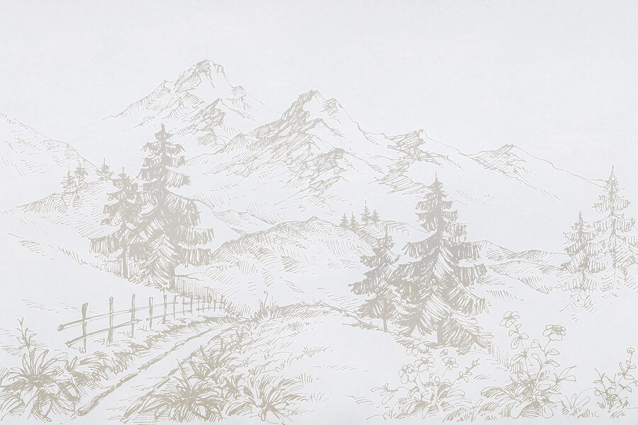 Um desenho de uma estrada e de árvores