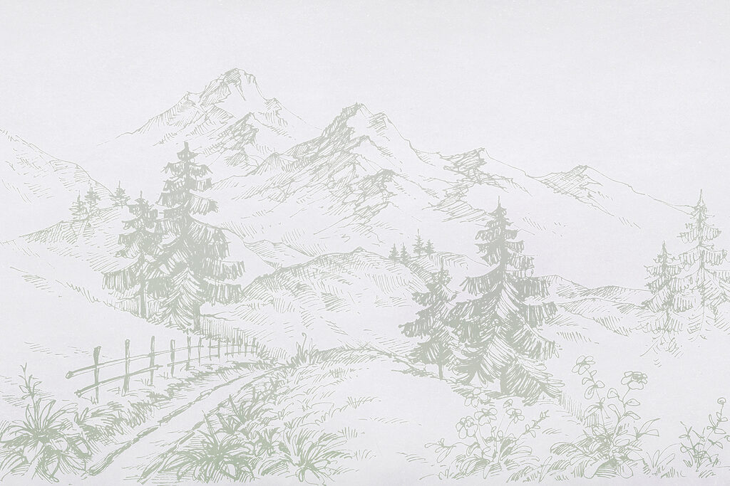 Um desenho de uma estrada e de árvores Um desenho de uma estrada e de árvores