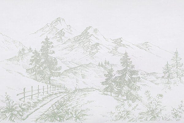 Um desenho de uma estrada e de árvores Um desenho de uma estrada e de árvores
