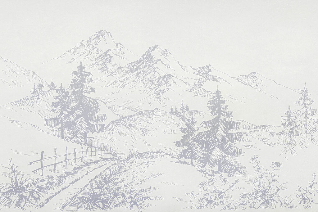 Um desenho de uma estrada e de montanhas Um desenho de uma estrada e de montanhas