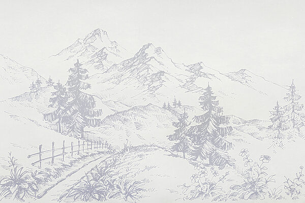 Um desenho de uma estrada e de montanhas Um desenho de uma estrada e de montanhas