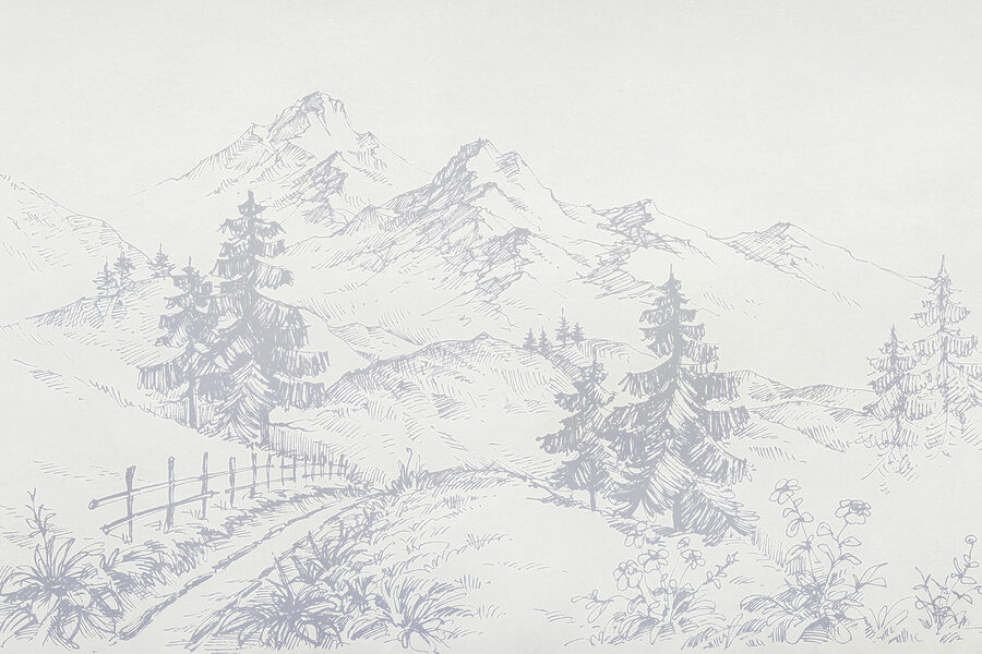 Um desenho de uma estrada e de montanhas Um desenho de uma estrada e de montanhas