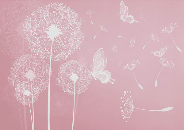Um fundo cor-de-rosa com dentes-de-leão brancos e borboletas Um fundo cor-de-rosa com dentes-de-leão brancos e borboletas