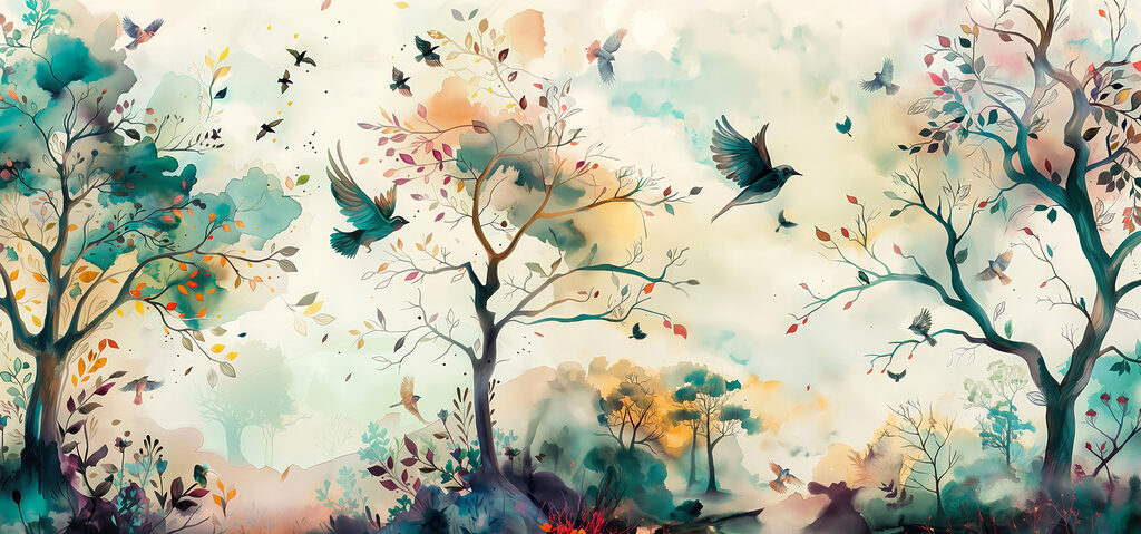 Uma pintura de pássaros a voar no céu Uma pintura de pássaros a voar no céu