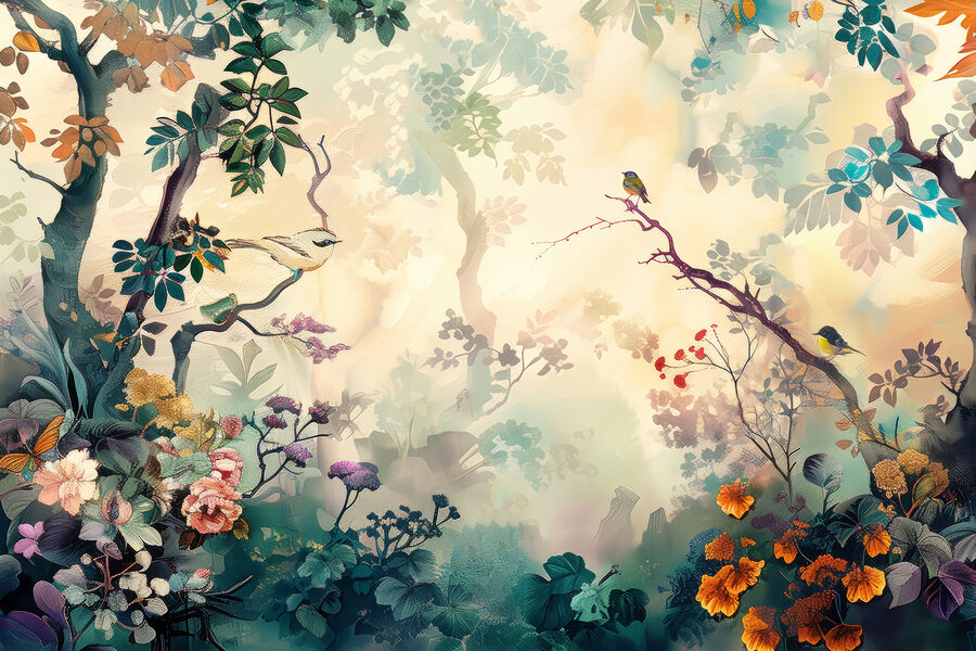 Uma pintura de uma árvore com flores e folhas