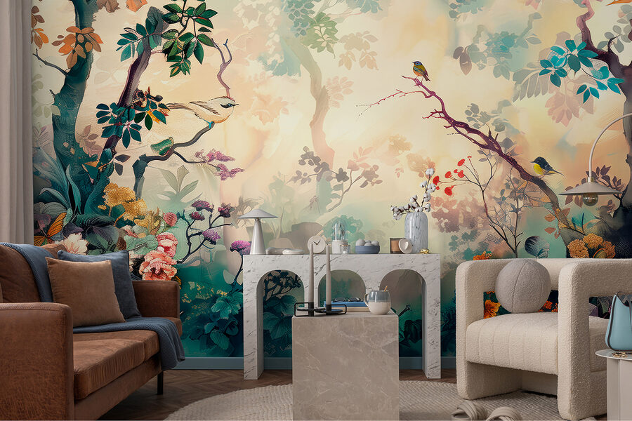 Uma pintura de uma árvore com flores e folhas
