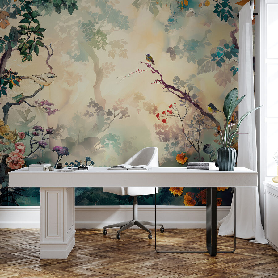 Uma pintura de uma árvore com flores e folhas