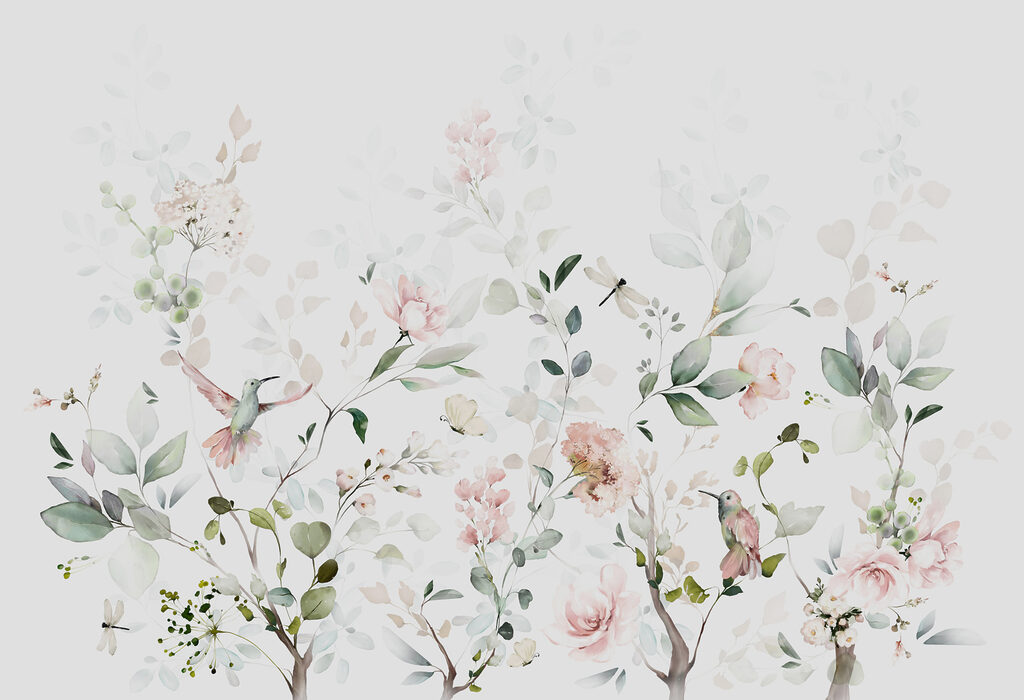 A painting of flowers and birds